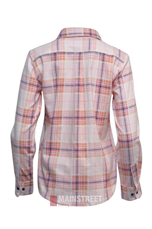 Back view of the Milton Ladies Flannelette Shirt—a long-sleeve, button-cuff plaid in light pink, purple, and white. Made from high quality cotton with ladies sizing, it features the "MAINSTREET" logo at the bottom.