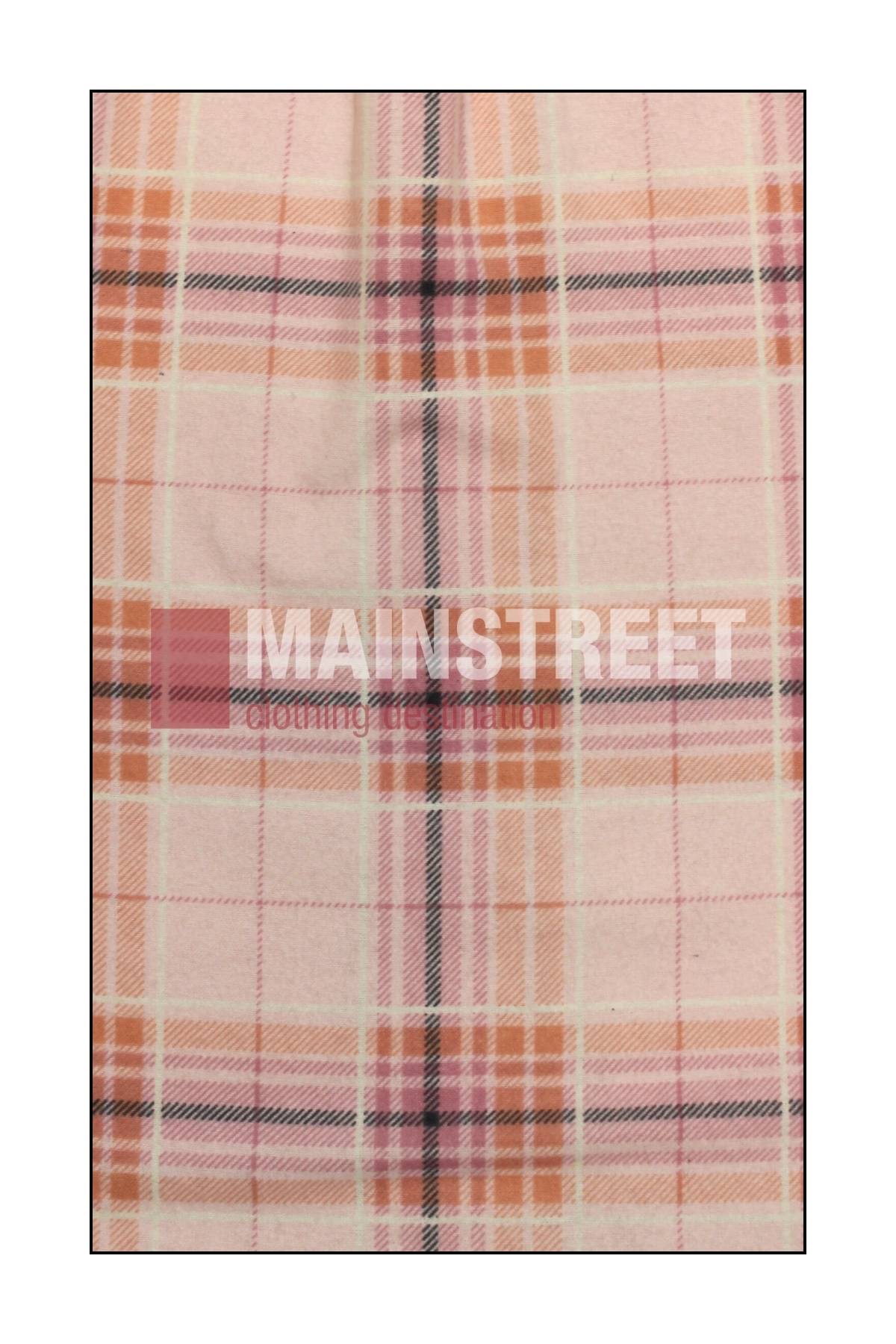 The Milton Ladies Flannelette Shirts feature a pink, peach, and white plaid cotton fabric with intersecting lines and squares and "MAINSTREET" in bold white letters across the center.