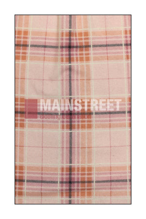The Milton Ladies Flannelette Shirts feature a pink, peach, and white plaid cotton fabric with intersecting lines and squares and "MAINSTREET" in bold white letters across the center.