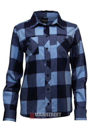 The Milton Ladies Flannelette Shirt is a blue and navy plaid, long-sleeved cotton shirt with two chest pockets, classic collar, ladies sizing, and a "Mainstreet" logo at the hem. Shown on a plain white background.