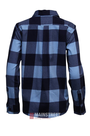 The Milton Ladies Flannelette Shirt features a blue and black checkered pattern, shown from the back. Made from high-quality cotton, it displays the MAINSTREET clothing destination logo at the bottom.