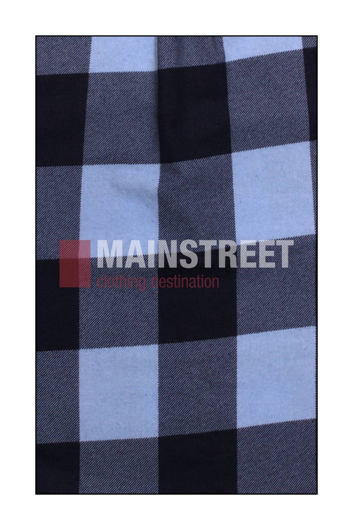 A close-up of blue and black checkered fabric from Milton Ladies Flannelette Shirts, made from high-quality cotton, with "MAINSTREET clothing destination" in bold white and maroon letters centered on the image.