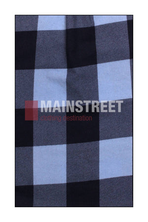 A close-up of blue and black checkered fabric from Milton Ladies Flannelette Shirts, made from high-quality cotton, with "MAINSTREET clothing destination" in bold white and maroon letters centered on the image.