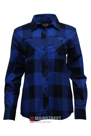 The Milton Ladies Flannelette Shirt features a blue and black checkered long-sleeve button-up design with two chest pockets, made from high quality cotton. Displayed on a white background with the "Mainstreet clothing destination" logo below.