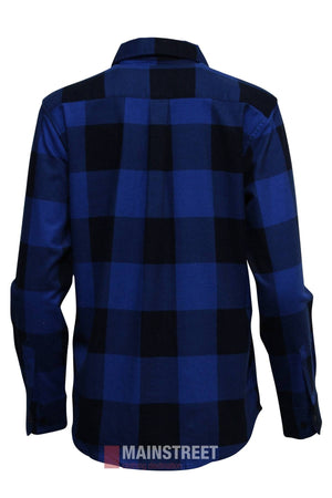 The Milton Ladies Flannelette Shirt features a large blue and black check pattern, long sleeves, a collar, buttoned cuffs, and is made from high-quality cotton. Shown here in ladies' sizing and viewed from the back.