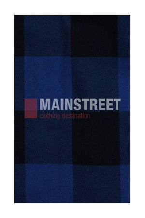 Blue and black checkered fabric with "MAINSTREET clothing destination" in bold white and red text, featuring Milton Ladies Flannelette Shirts made from high quality cotton, available in ladies sizing.