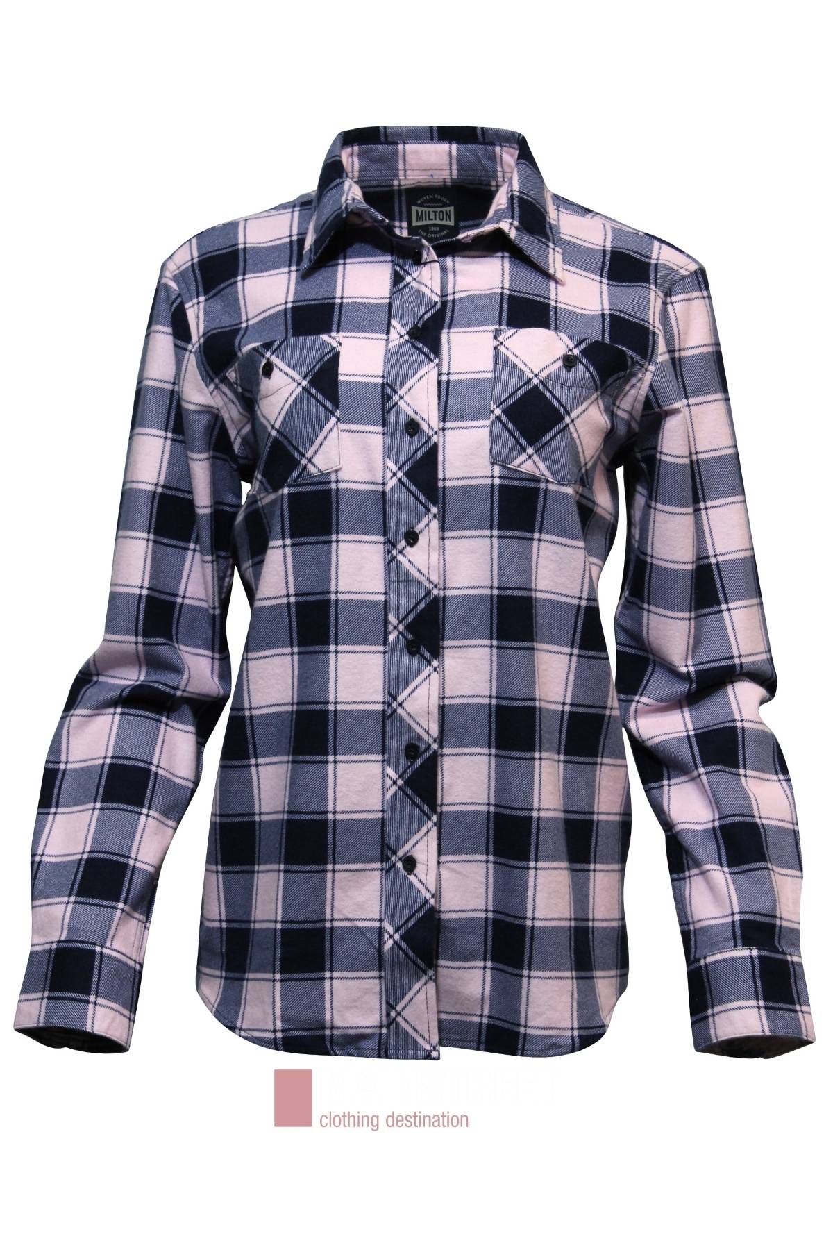 Front view of the Milton Ladies Flannelette Shirt, made from high quality cotton with blue, white, and pink plaid, featuring two chest pockets with flaps and a folded collar.