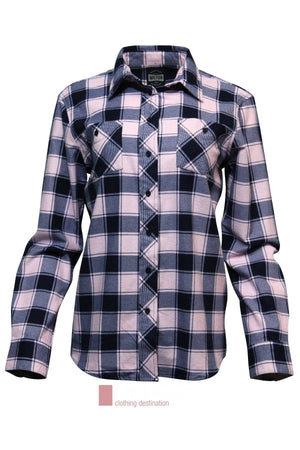 Front view of the Milton Ladies Flannelette Shirt, made from high quality cotton with blue, white, and pink plaid, featuring two chest pockets with flaps and a folded collar.