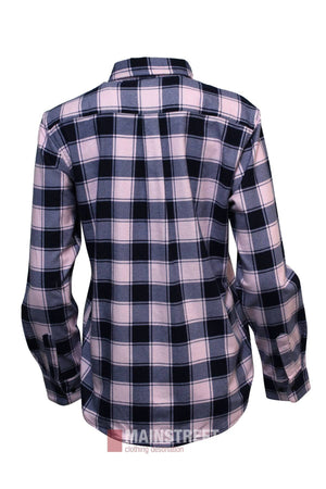 The Milton Ladies Flannelette Shirt is a long-sleeved, high-quality cotton shirt in navy, white, and pink plaid. Features include a collar and buttoned cuffs. Shown from the back.