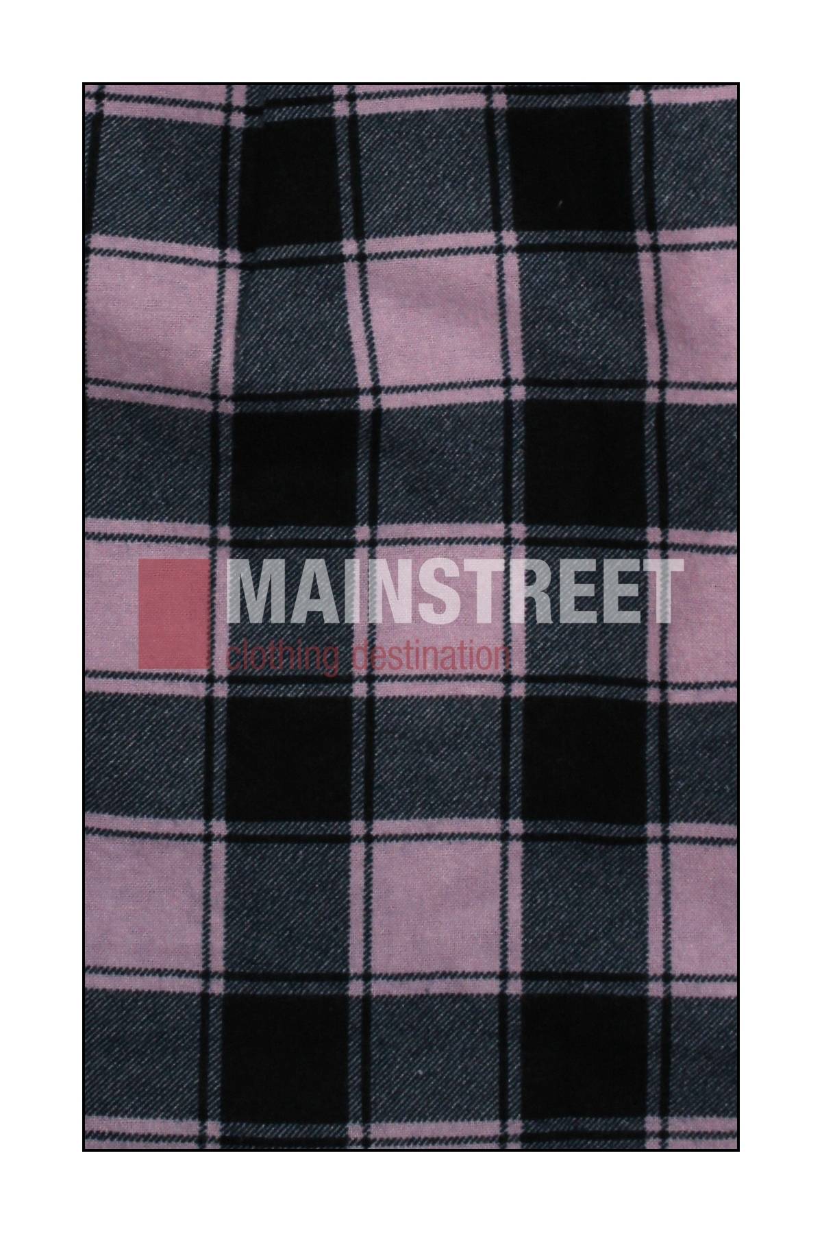 A close-up of black and pink plaid fabric with the text "MAINSTREET clothing destination" across the center highlights high quality Milton Ladies Flannelette Shirts.