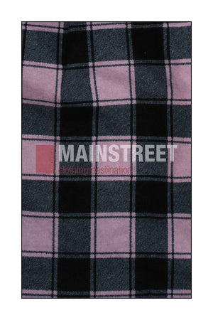 A close-up of black and pink plaid fabric with the text "MAINSTREET clothing destination" across the center highlights high quality Milton Ladies Flannelette Shirts.