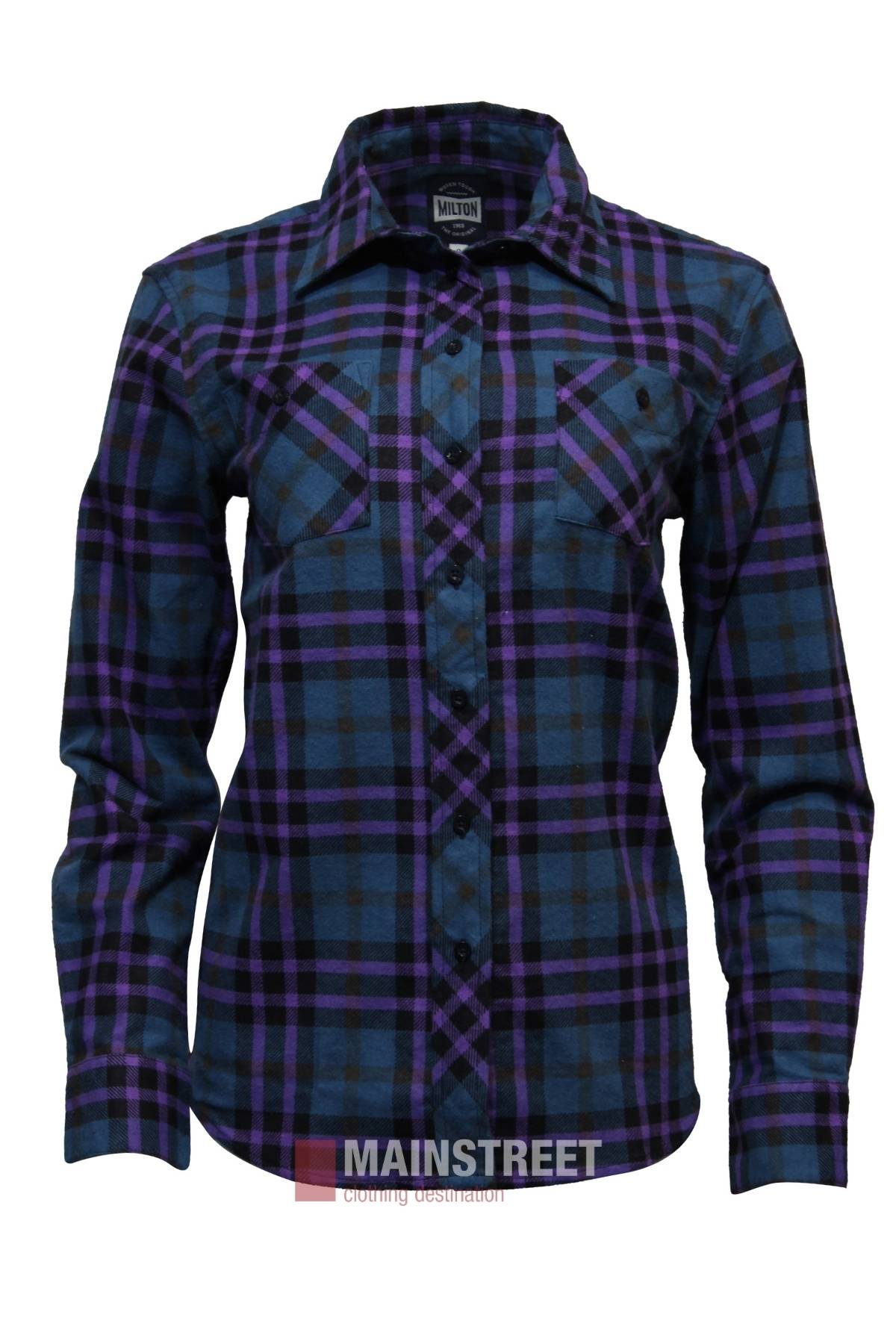 The Milton Ladies Flannelette Shirt features blue and purple plaid, long sleeves, a button-up front, two chest pockets, a collar, and is made from high-quality cotton. Shown on a plain white background.