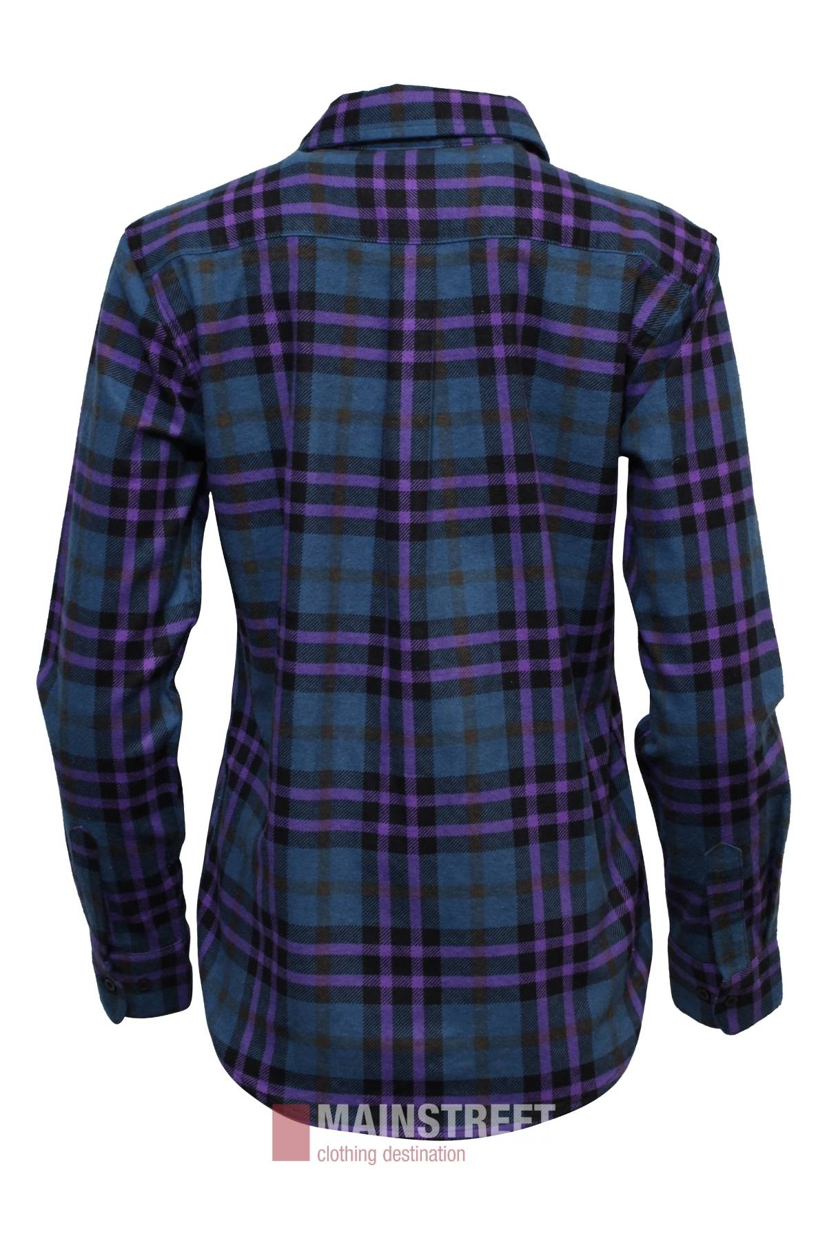 The Milton Ladies Flannelette Shirt, shown from the back in blue, black, and purple plaid, features long sleeves, a button-up front, and collar. Made from high-quality cotton, it is displayed against a white background.