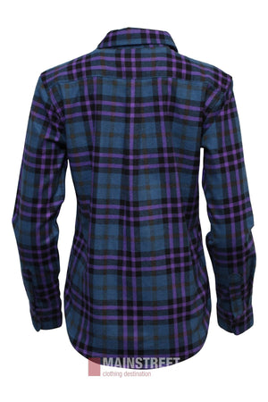 The Milton Ladies Flannelette Shirt, shown from the back in blue, black, and purple plaid, features long sleeves, a button-up front, and collar. Made from high-quality cotton, it is displayed against a white background.