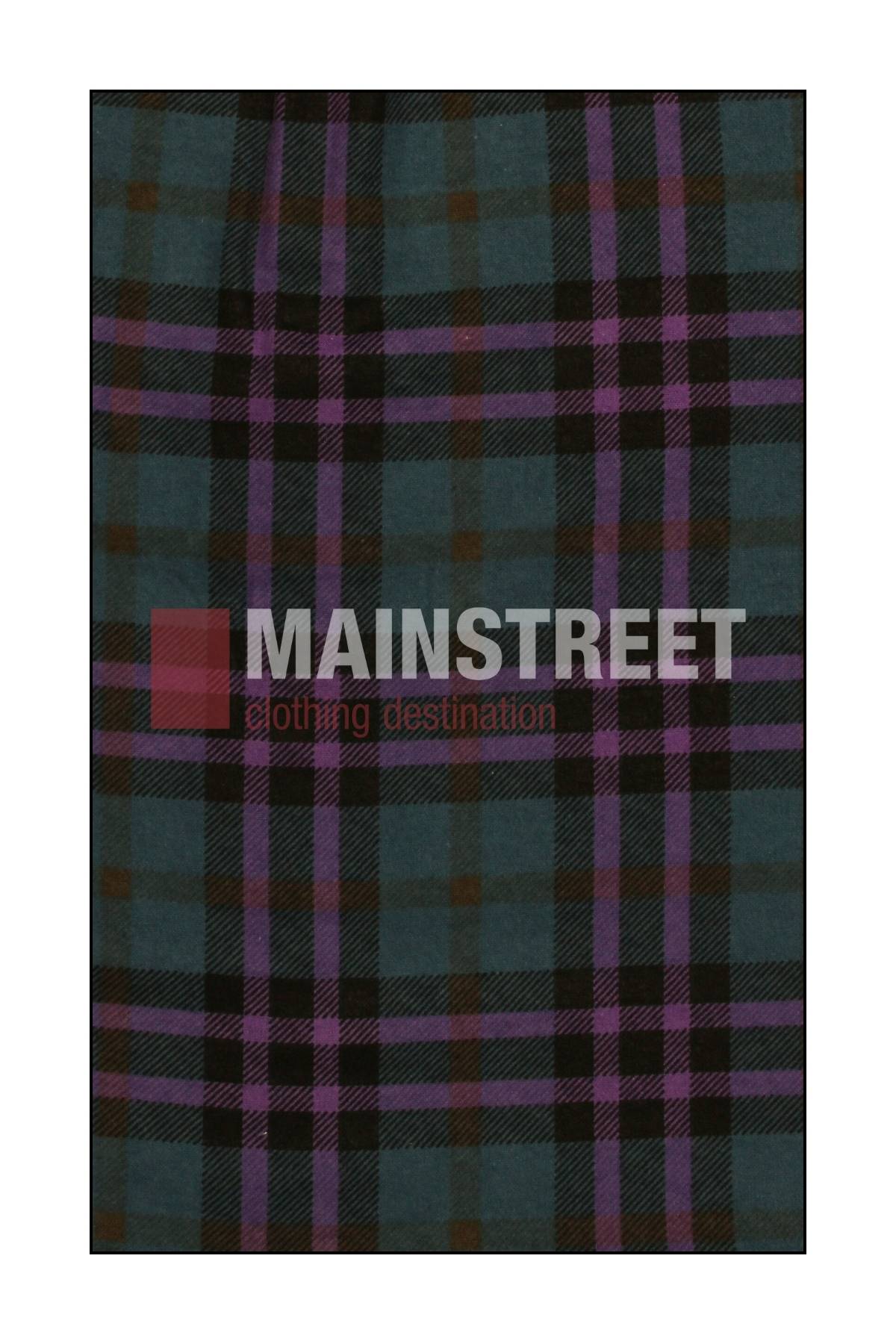 A plaid pattern with blue, black, purple, and brown stripes features MAINSTREET bold across the center—ideal for Milton Ladies Flannelette Shirts made from high quality cotton.