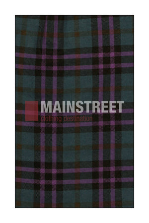 A plaid pattern with blue, black, purple, and brown stripes features MAINSTREET bold across the center—ideal for Milton Ladies Flannelette Shirts made from high quality cotton.