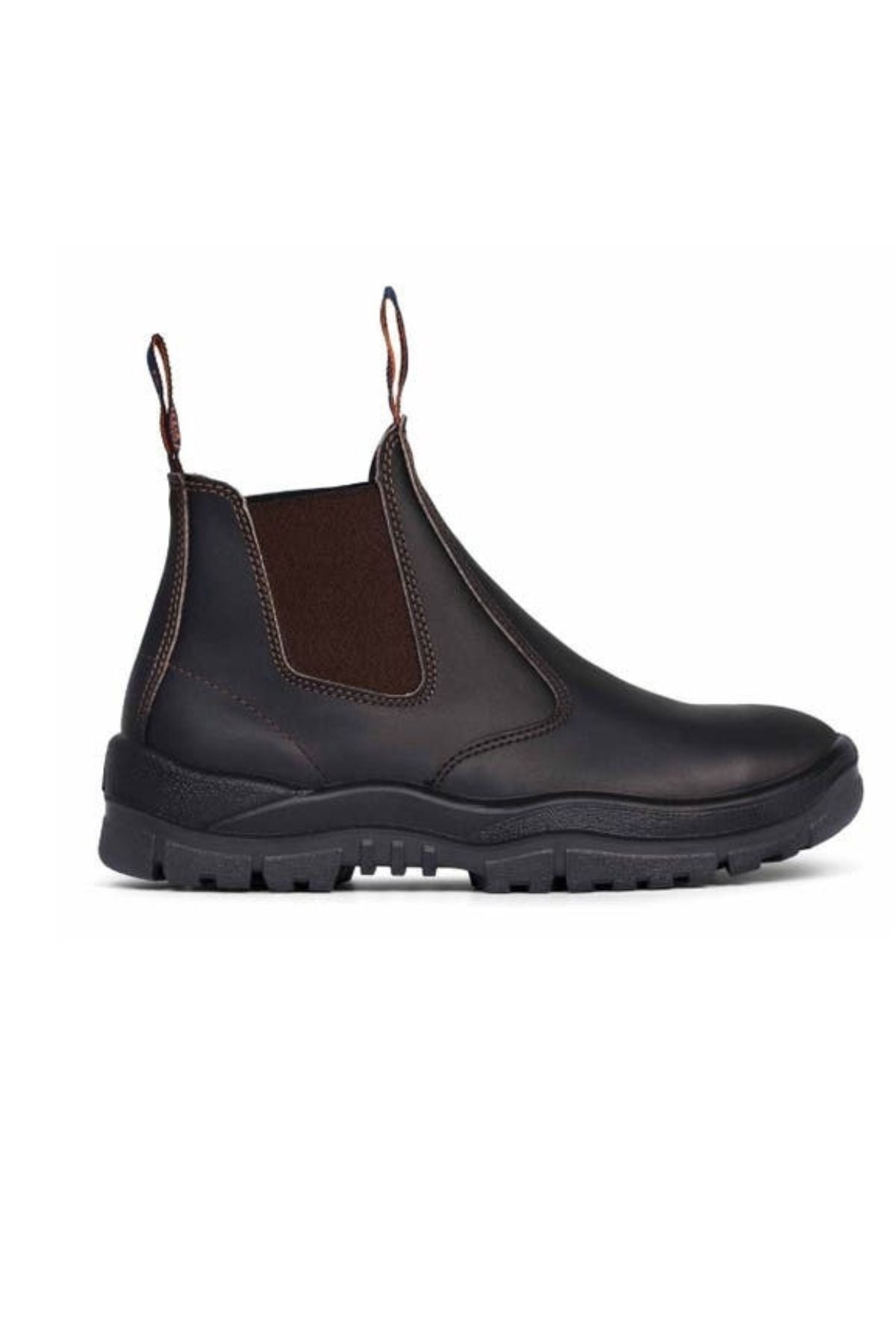 The Mongrel Safety Elastic Sided Boot 240030 features black leather, brown elastic side panels, front and back pull tabs, and a rugged black rubber sole for slip-resistant comfort.
