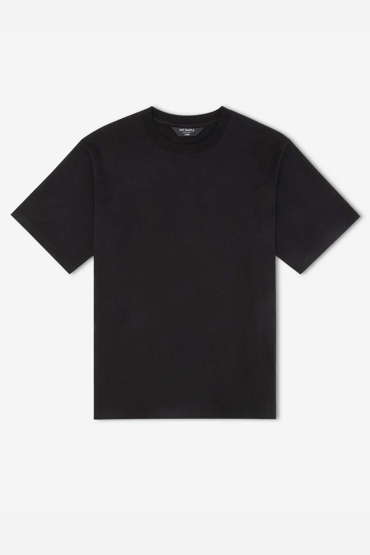 The Mr Simple Heavy Weight Tee, a plain black short-sleeve crew neck made from 100% organic cotton with a boxy fit, is laid flat on a white background.