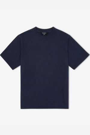 The Mr Simple Heavy Weight Tee is a boxy, loose-fit short-sleeve t-shirt in plain navy blue, made from 100% organic cotton and shown on a white background.