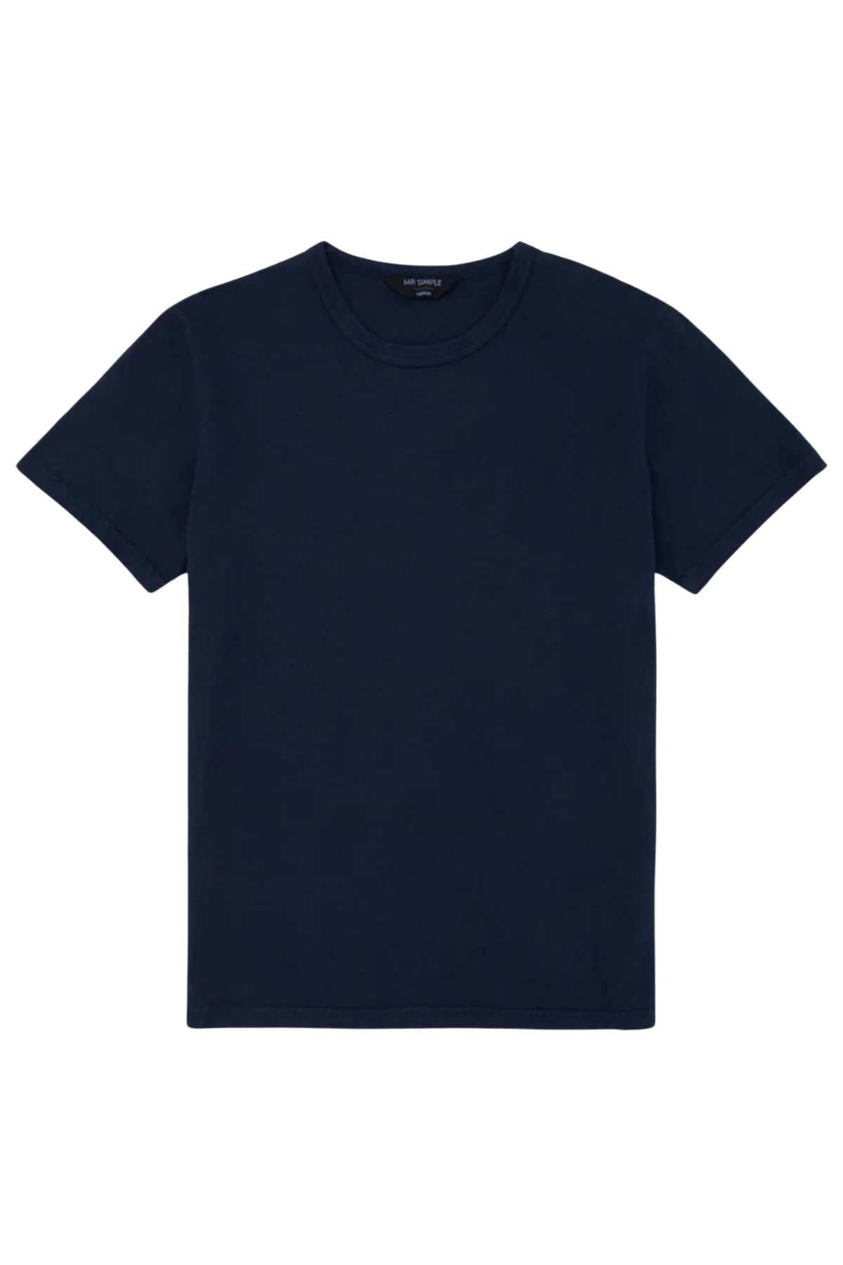 The Mr Simple Hemp Tee is a plain, dark blue short-sleeve t-shirt made from organic cotton featuring a round neckline, shown against a white background.