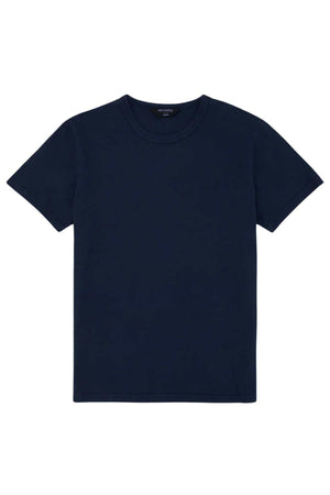 The Mr Simple Hemp Tee is a plain, dark blue short-sleeve t-shirt made from organic cotton featuring a round neckline, shown against a white background.