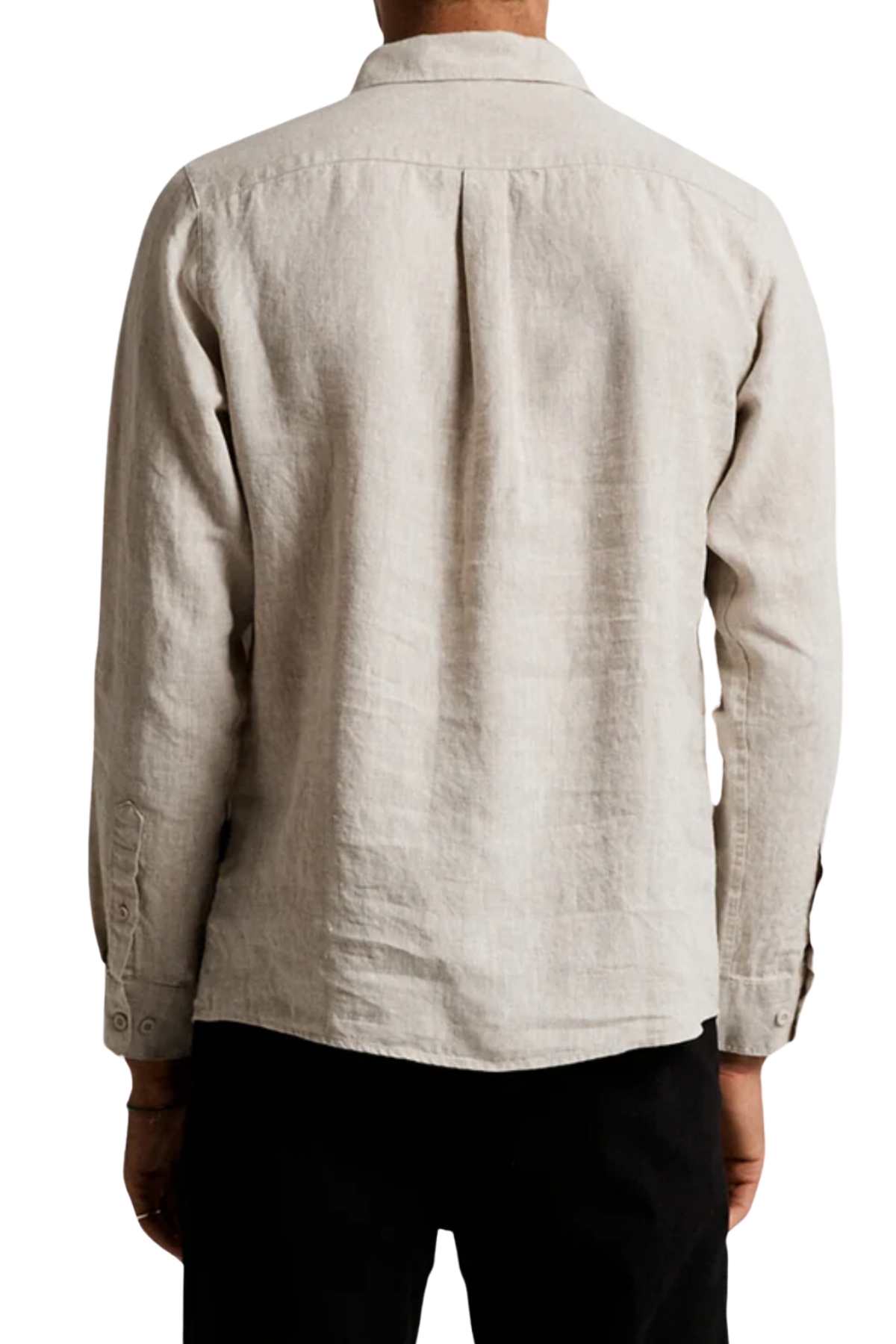 A person is seen from the back wearing a Mr Simple Linen Long Sleeve Shirt in beige, crafted from 100% linen, and paired with black pants. The lightweight fabric of the plain shirt enhances their relaxed posture, with arms resting by their sides, providing a stylish touch.