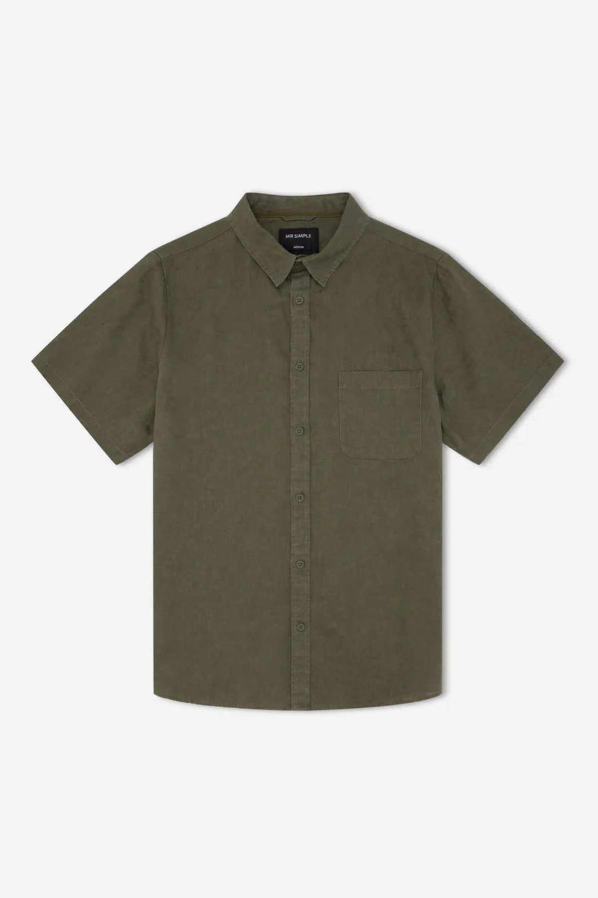The Mr Simple Linen Short Sleeve Shirt, in olive green with a collar and single chest pocket, is crafted from lightweight linen—an essential summer piece, shown laid flat on a white background.