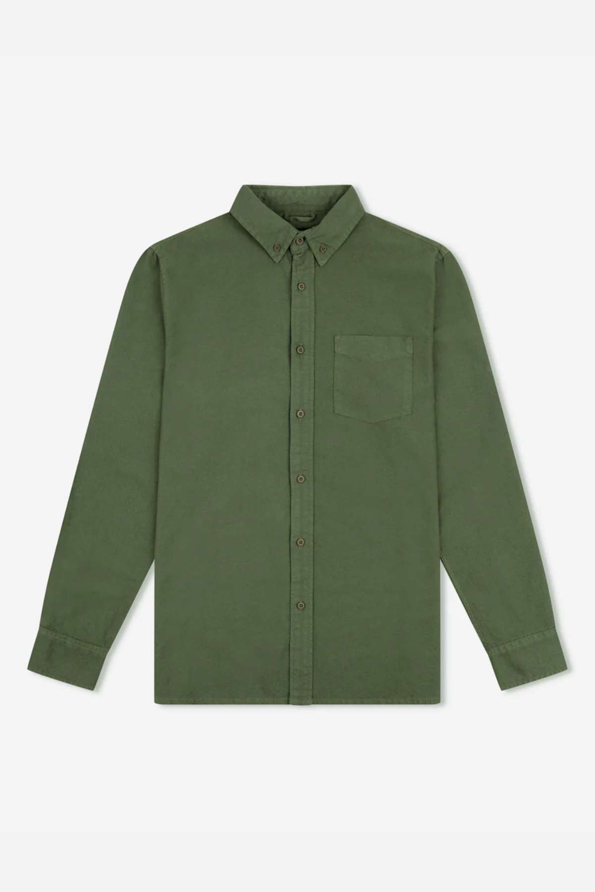 The Mr Simple Oxford Shirt is a slim fit, olive green with long sleeves, made from organic cotton. It includes a classic collar and a single chest pocket on the left side.