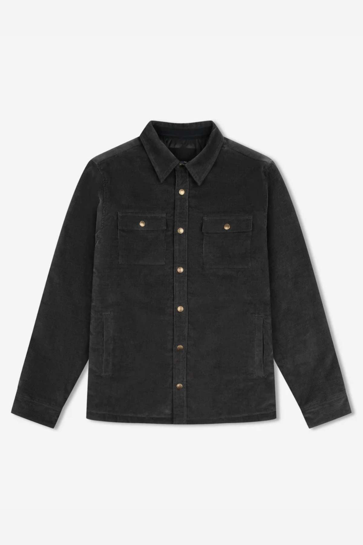 The Mr Simple Quilted Cord Jacket, shown against a white background, is a black cotton corduroy shirt featuring a collar and long sleeves. It boasts gold buttons down the front and includes two breast pockets with button flaps. The relaxed fit of this simple and classic design adds to its timeless appeal.
