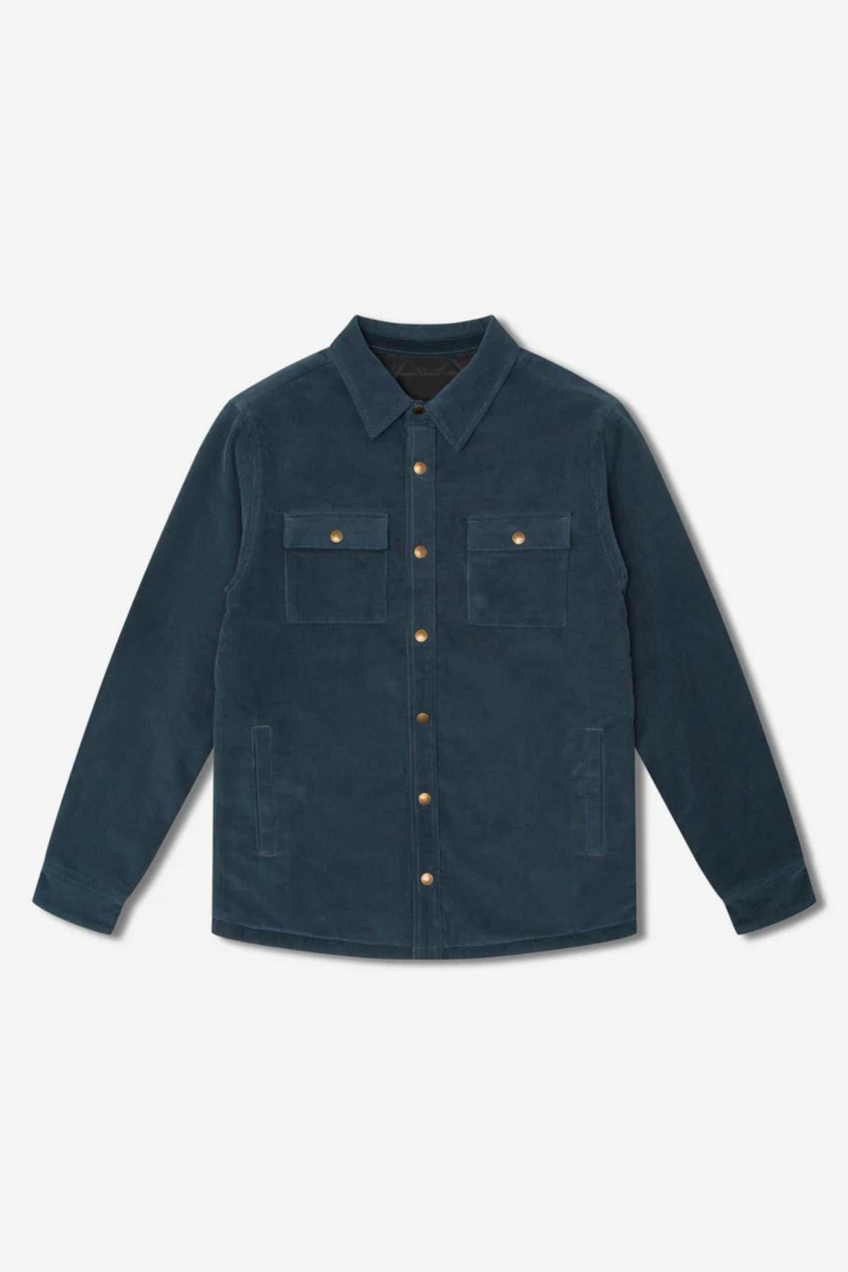 The Mr Simple Quilted Cord Jacket in dark teal showcases a relaxed fit with a collar, long sleeves, and two front chest pockets with button flaps. Made from cotton corduroy and featuring gold buttons, it is presented laid out flat on a plain white background.