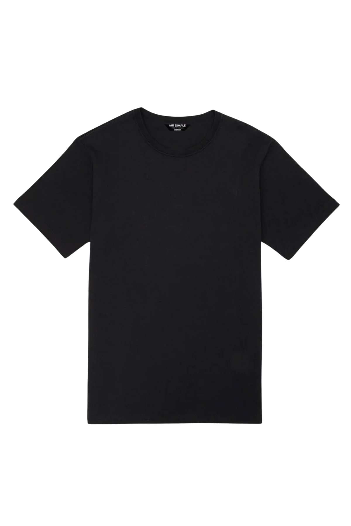 Introducing the Mr Simple Reginald Organic Tee: a plain black, short-sleeve T-shirt featuring a round neckline. Displayed against a white background, this tee appears to be crafted from soft, smooth organic cotton. The design is minimalist with no visible logos or designs.