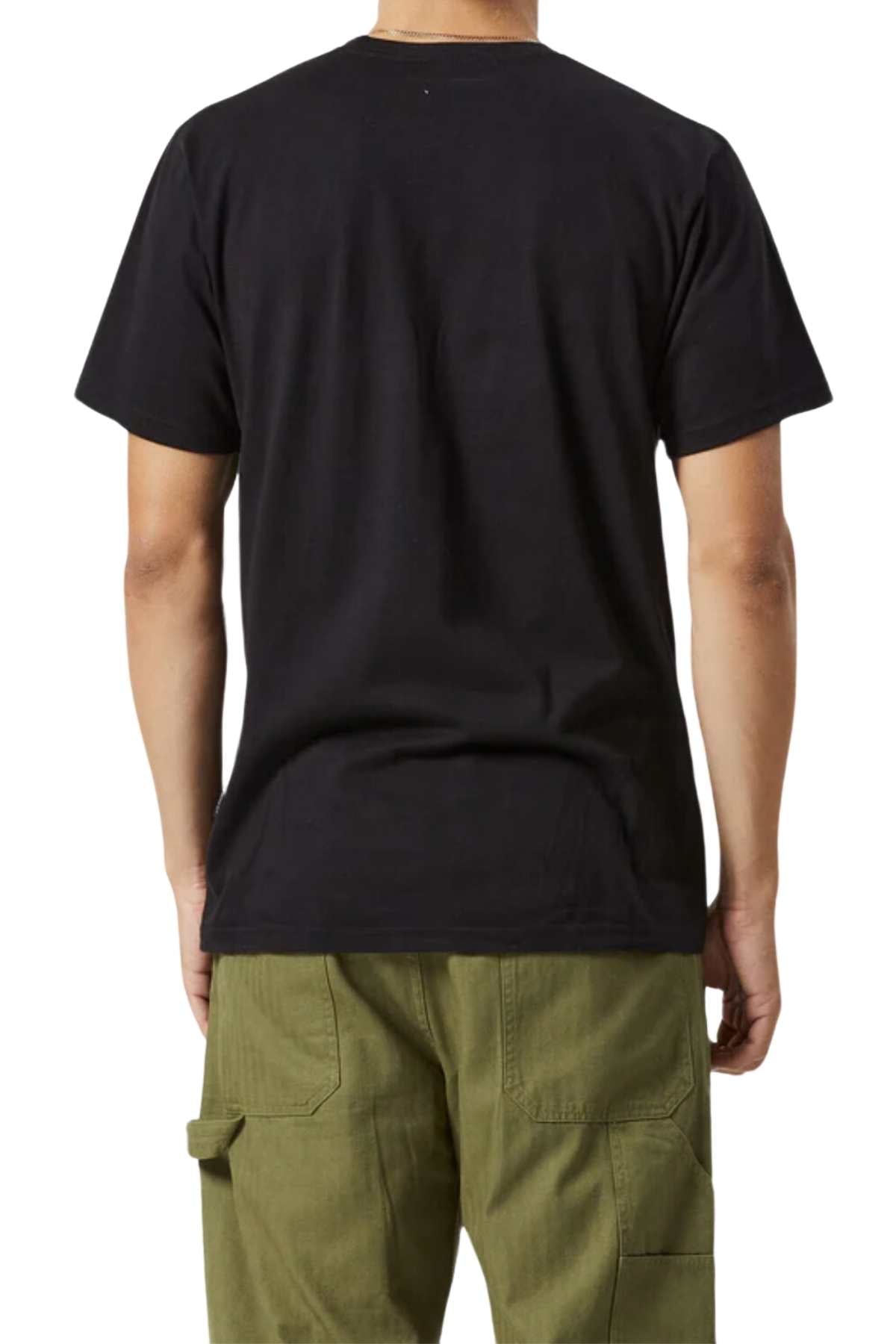 A person wearing a plain, black Mr Simple Reginald Organic Tee and green cargo pants is seen from the back. The individual has short hair and is standing against a white background.