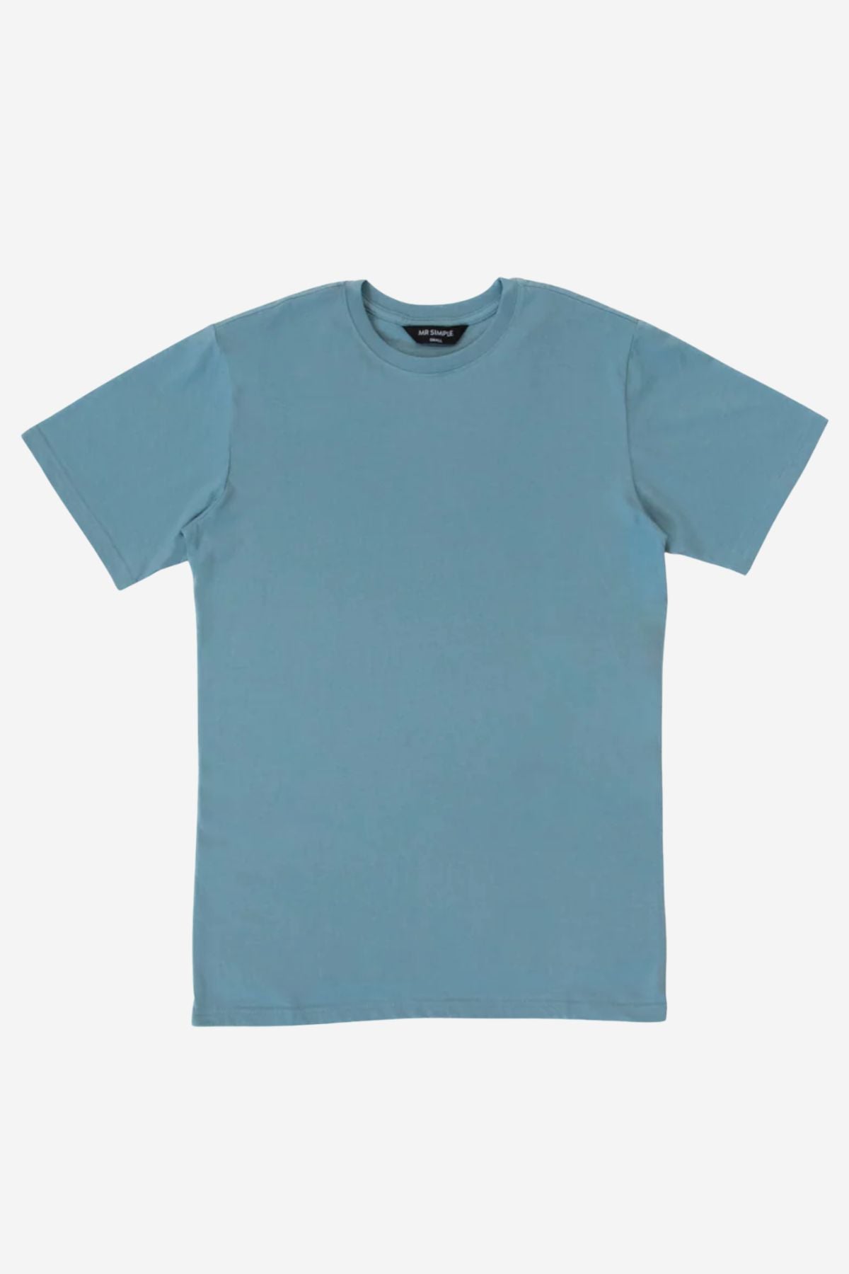 The Mr Simple Reginald Organic Tee, a short-sleeved light blue top in organic cotton, is laid flat on a white background, designed for everyday comfort.