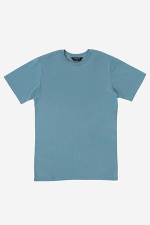 The Mr Simple Reginald Organic Tee, a short-sleeved light blue top in organic cotton, is laid flat on a white background, designed for everyday comfort.
