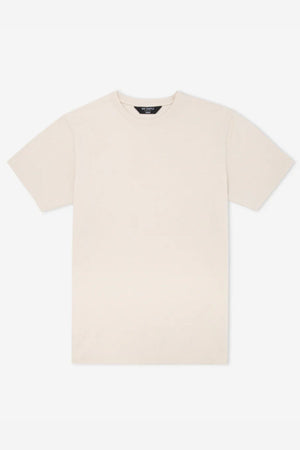 The Mr Simple Reginald Organic Tee is a short-sleeved, crew neck shirt in off-white, made from organic cotton for comfort. Laid flat on a white background.