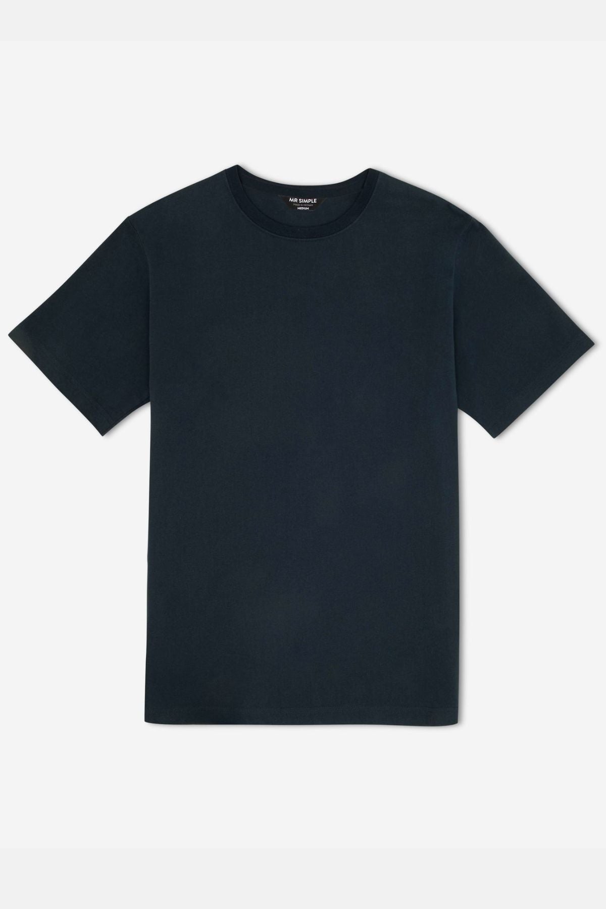 The Mr Simple Reginald Organic Tee is a black T-shirt crafted from organic cotton, characterized by its short sleeves and round neckline, displayed flat on a white background to highlight its environmentally friendly design.
