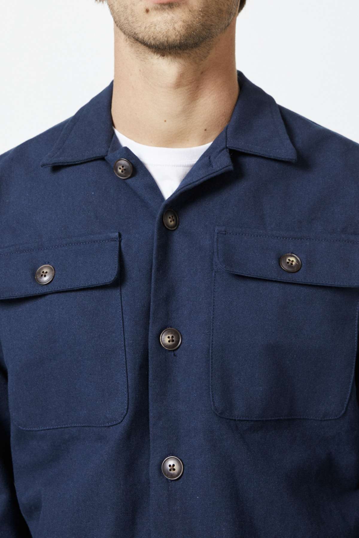 Close-up of a person wearing the Mr Simple Stockyard Sherpa Jacket in navy blue, featuring two buttoned chest pockets. The jacket is worn over a white undershirt. Only the lower part of the person's face is visible, suggesting a neutral expression.
