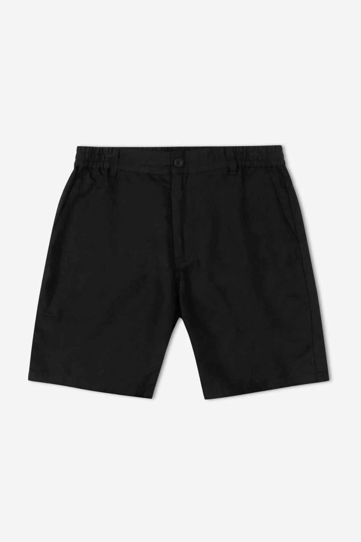The Mr Simple Tanner 3.0 Linen Short features an elastic waistband, side pockets, and button closure for a breathable, comfortable fit—shown here in black laid flat on a white background.