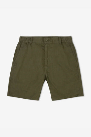 The Mr Simple Tanner 3.0 Linen Short in olive green features breathable linen, an elastic waistband, button closure, and side pockets, displayed flat on a white background.