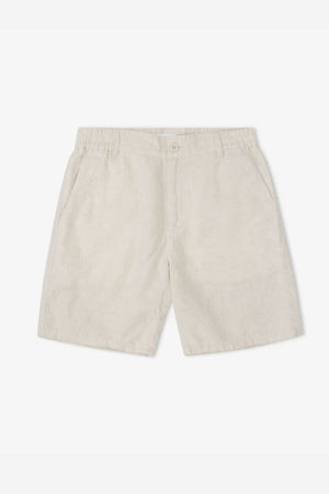 The Mr Simple Tanner 3.0 Linen Short in light beige features breathable fabric, an elastic waistband, front button, zipper fly, and two side pockets, shown laid flat on a white background.