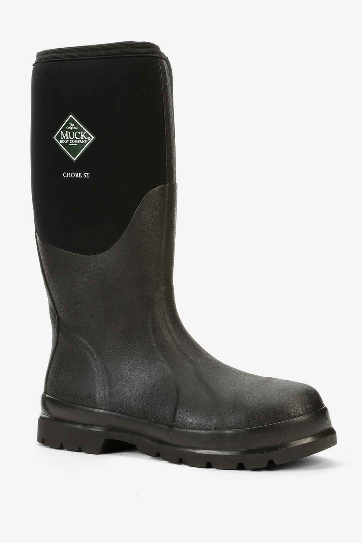 The Muck Boot Chore Steel Toe is a black boot with a rugged sole and high shaft, featuring the Muck Boot logo and "Chore ST" on the side, and equipped with a steel toe for extra protection.