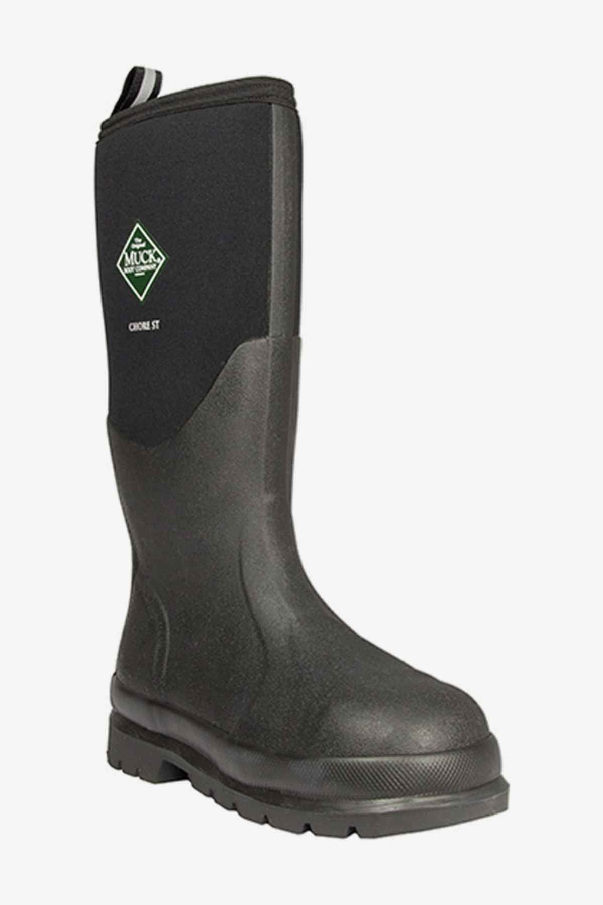 The Muck Boot Chore Steel Toe is a single black boot with a thick sole, rounded toe, high waterproof shaft, and safety standards, featuring the green and white Muck Boot logo near the top against a plain white background.