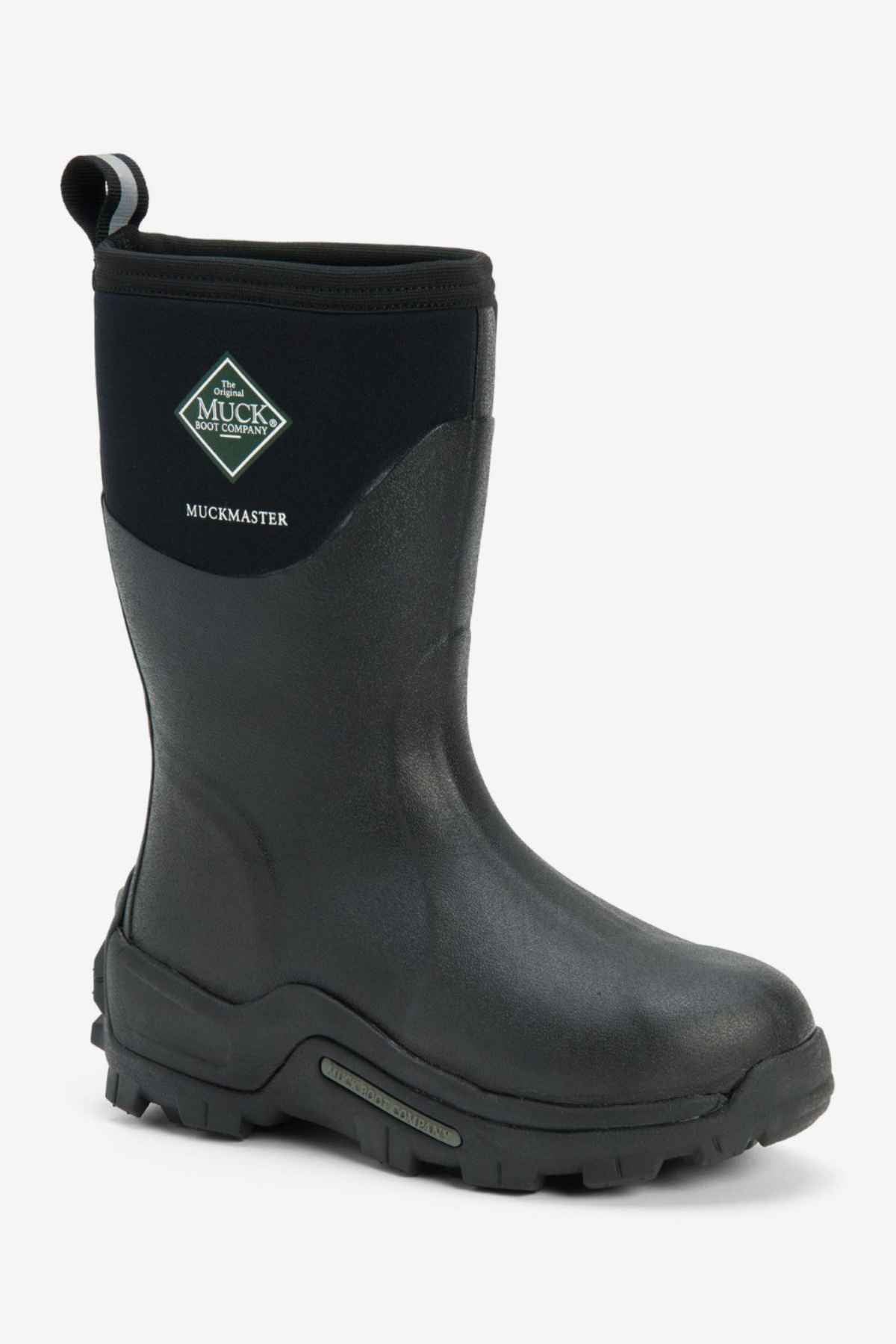 A single black Muck Boot Muckmaster Mid Boot crafted from waterproof material, featuring a rugged MS-1 molded outsole and thick tread for outdoor use. The boot showcases a green and white "The Original Muck Boot Company" logo near the top and includes a small loop on the back for easy pulling on.