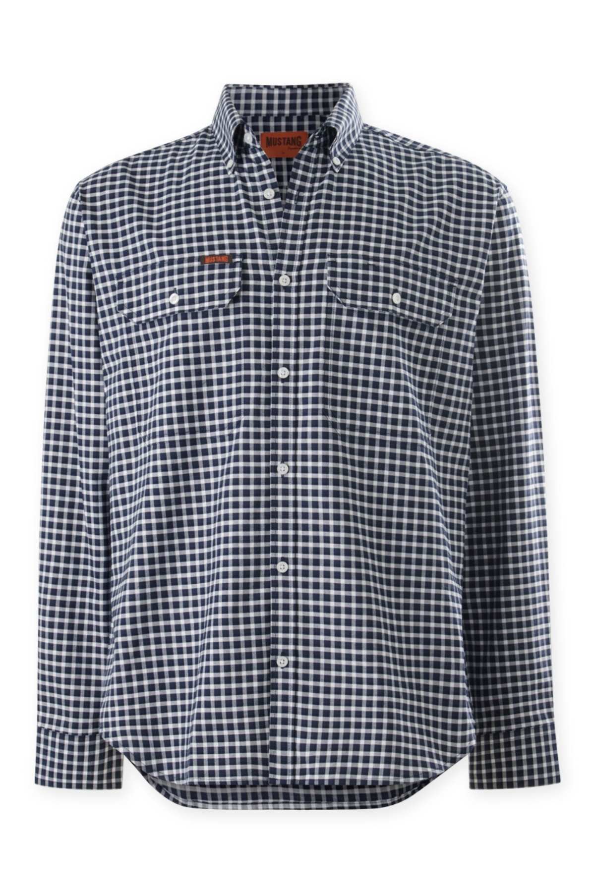 The Mustang Signature Check Shirt is a long-sleeved button-down featuring a blue and white checkered pattern. Crafted from high-quality cotton, it has a pointed collar and buttoned chest pockets on both sides. The lightweight fabric makes it suitable for casual wear.