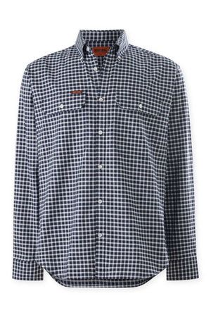 The Mustang Signature Check Shirt is a long-sleeved button-down featuring a blue and white checkered pattern. Crafted from high-quality cotton, it has a pointed collar and buttoned chest pockets on both sides. The lightweight fabric makes it suitable for casual wear.