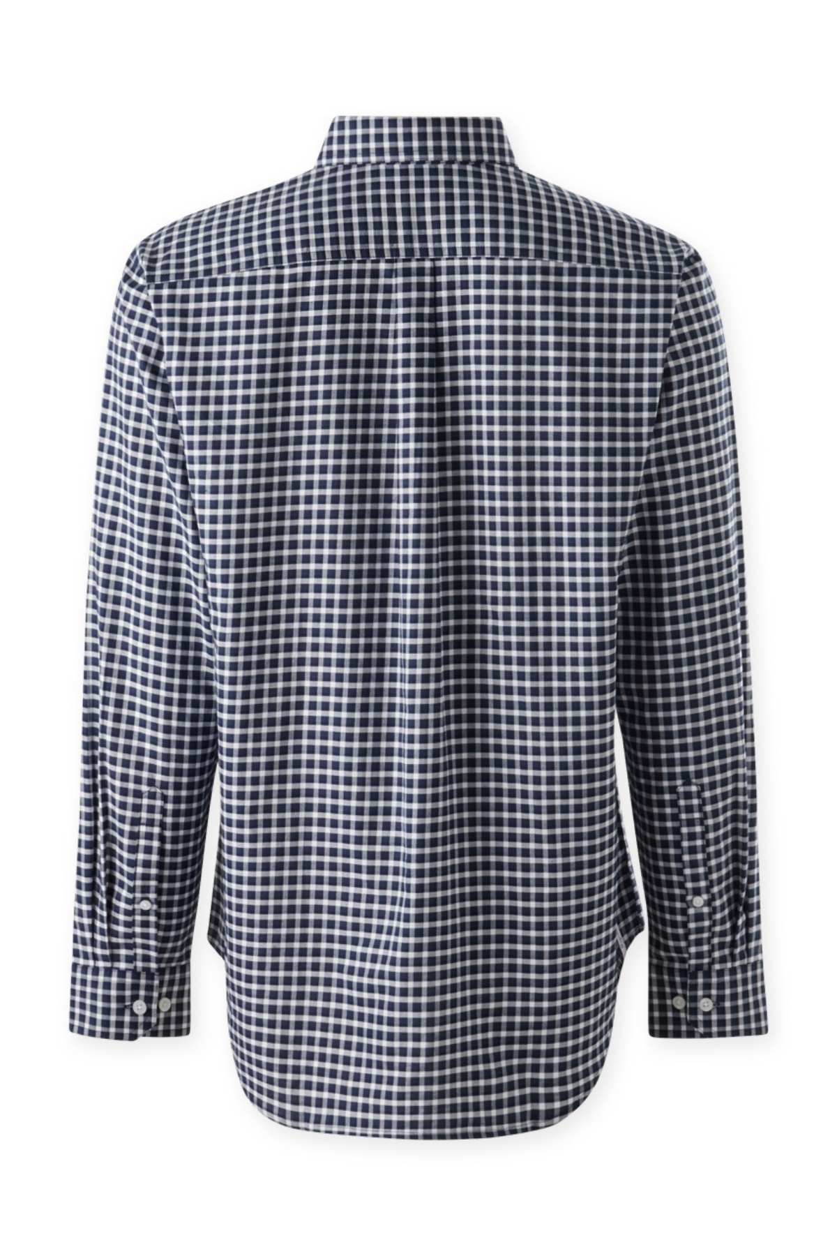 The Mustang Signature Check Shirt is a high-quality cotton, long-sleeved, button-up shirt featuring a black and white checkered pattern. This men's formal shirt includes a collar, buttoned cuffs, and a straight hemline. Displayed on a white background, it is viewed from the back.