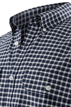 Close-up of the Mustang Signature Check Shirt for men in blue and white, featuring a button-down collar, a front pocket with button closure, and a button-up front with white buttons. Made from high-quality cotton, this shirt showcases evenly spaced small squares.