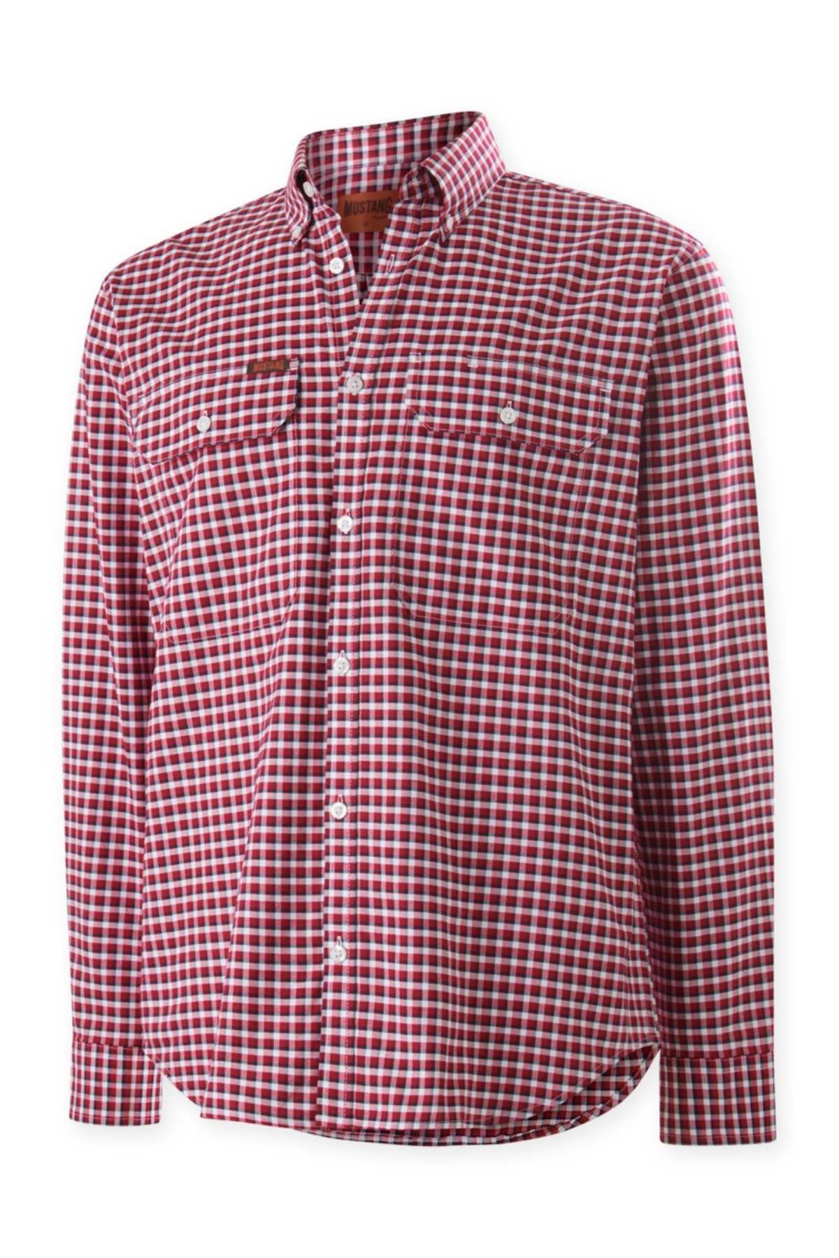 The Mustang Signature Check Shirt is a long-sleeve, button-down shirt in a red and white checkered pattern. It features a collar, two chest pockets with buttoned flaps, and a small brand tag on the upper left pocket. Made from high-quality cotton, the shirt offers a casual style suitable for everyday wear.