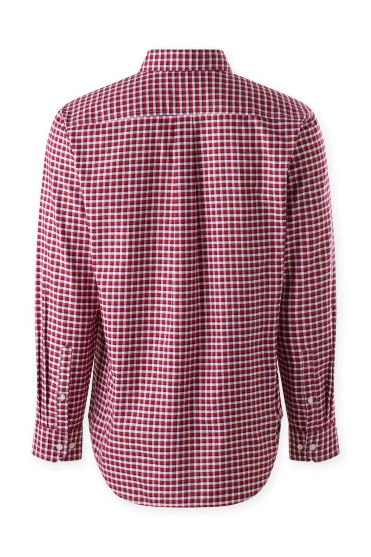 The Mustang Signature Check Shirt, displayed from the back, is a red and white checkered long-sleeve button-up featuring a classic collar, buttoned cuffs, and a curved hem. Crafted from high-quality cotton, it offers exceptional comfort and style.