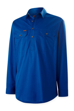The Mustang Signature Closed Front Workshirt is a men's long-sleeved, bright blue cotton shirt with a button-up front, two button-flap chest pockets, and a classic collar, shown against a plain white background.